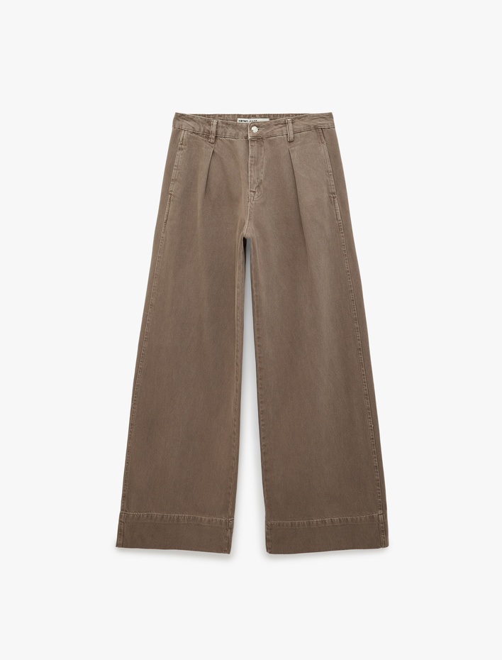  Pileli Pamuklu Normal Bel Cep Detaylı Geniş Paça Pantolon -  Wide Leg Jeans