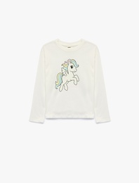 Unicorn Baskılı Bisiklet Yaka Uzun Kollu Pamuklu Tişört