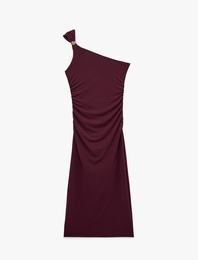Slim Fit Aksesuar Detaylı Tek Omuz Midi Elbise