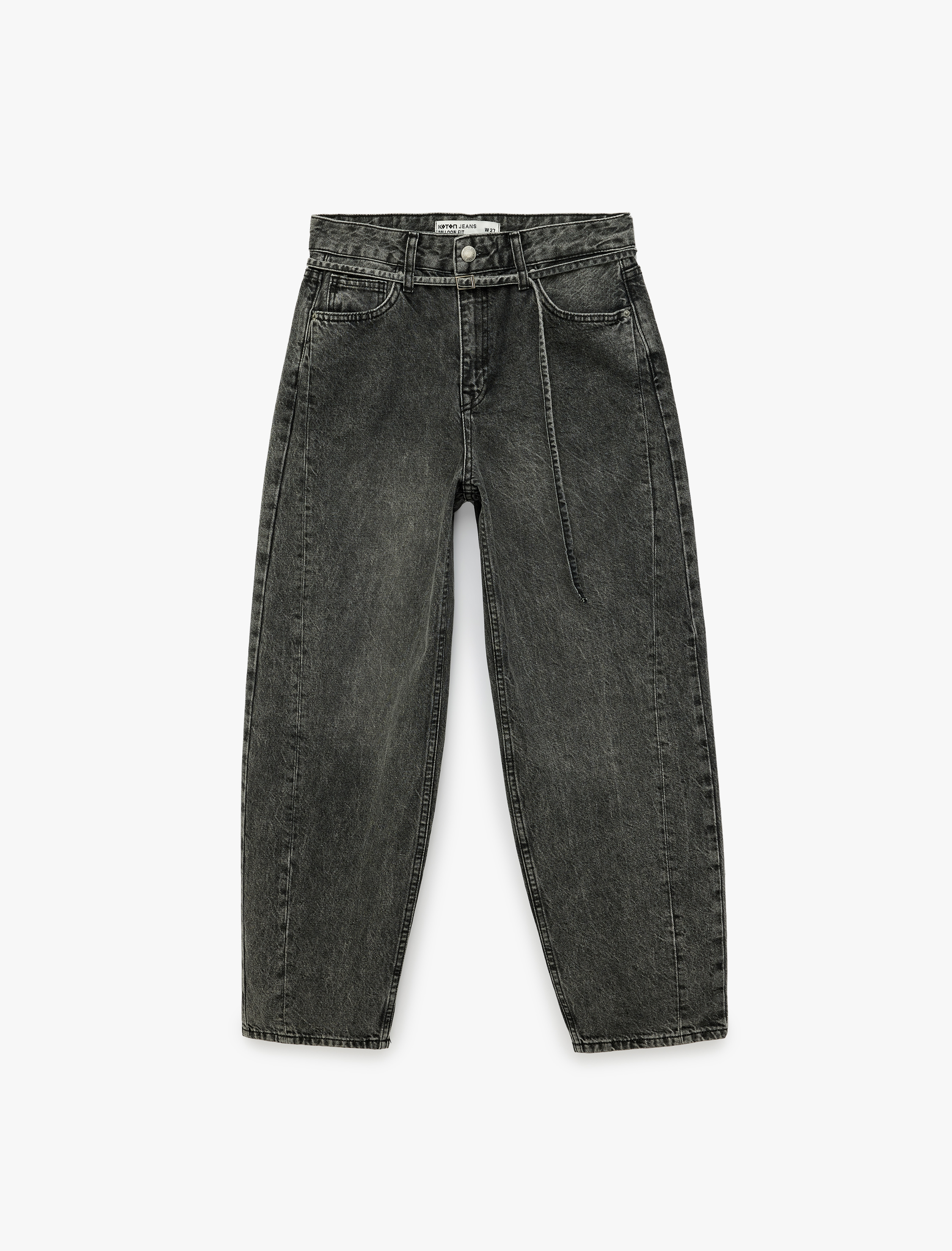   Pamuklu Kemerli Dikiş Detaylı Rahat Kalıp Düz Paça Denim Pantolon - Ballon Jeans