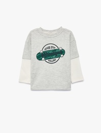 Kaykay Baskı Detaylı Bisiklet Yaka Uzun Kollu Oversize Tişört