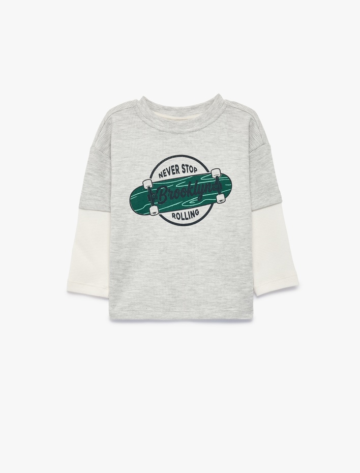 Erkek Bebek Kaykay Baskı Detaylı Bisiklet Yaka Uzun Kollu Oversize Tişört