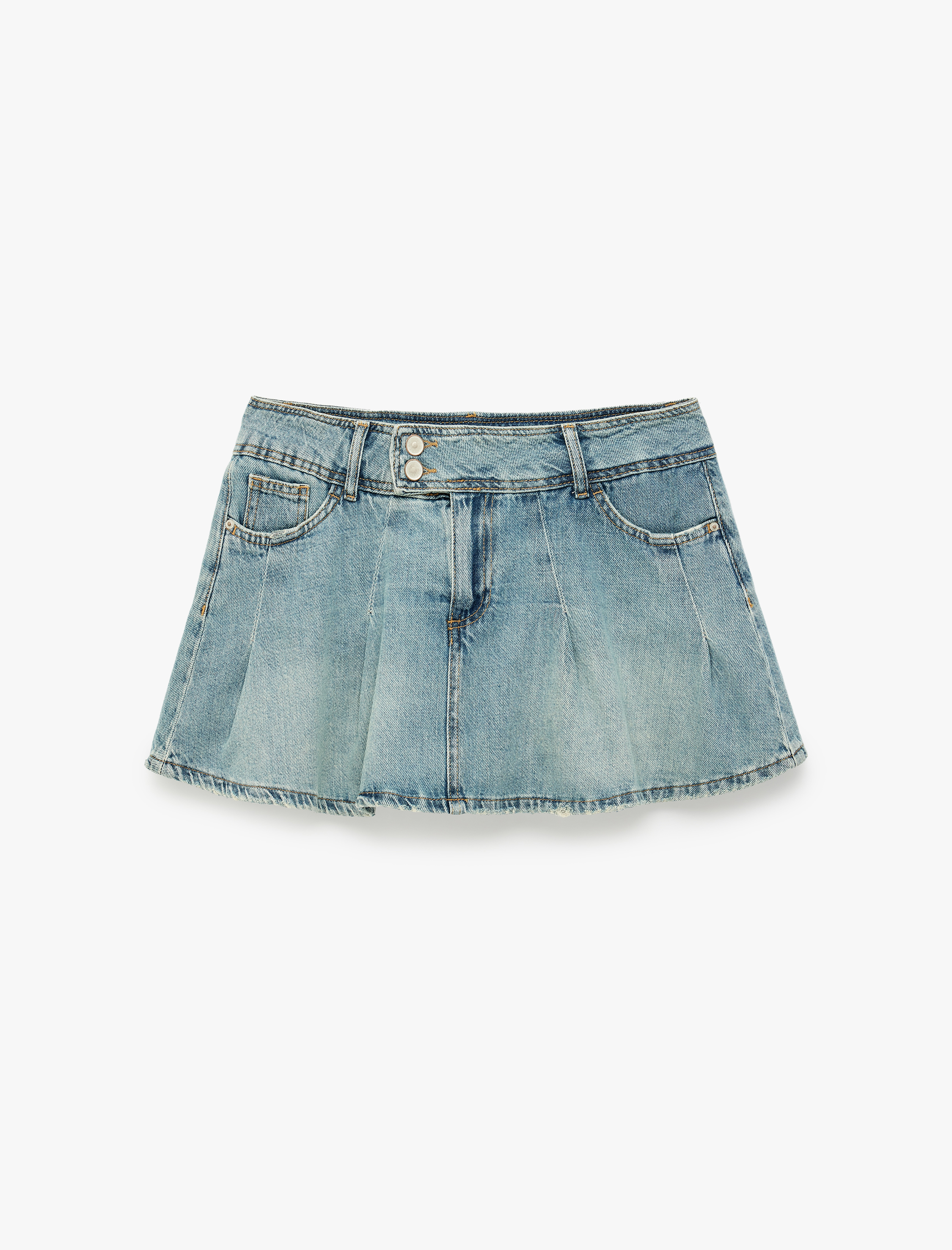   Cepli Düğme Detaylı Rahat Kalıp Pamuklu Pileli Denim Şort Etek