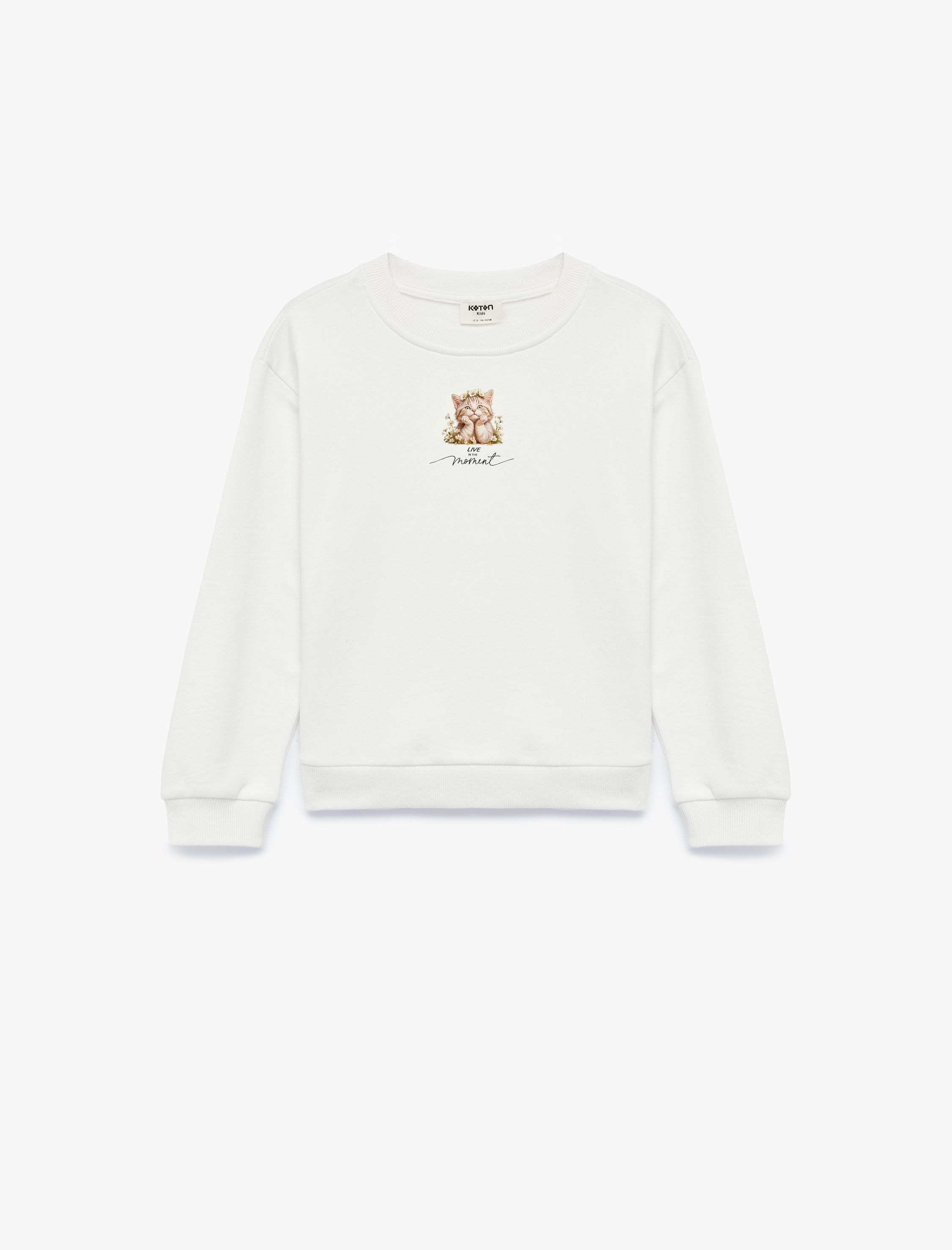  Kız Çocuk Kedi Baskılı Bisiklet Yaka Uzun Kollu Şardonlu Pamuklu Sweatshirt