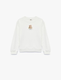Kedi Baskılı Bisiklet Yaka Uzun Kollu Şardonlu Pamuklu Sweatshirt