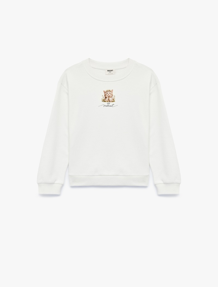 Kız Çocuk Kedi Baskılı Bisiklet Yaka Uzun Kollu Şardonlu Pamuklu Sweatshirt