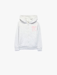 Şardonlu Cep Detaylı Baskılı Uzun Kollu Fermuarlı Kapşonlu Sweatshirt