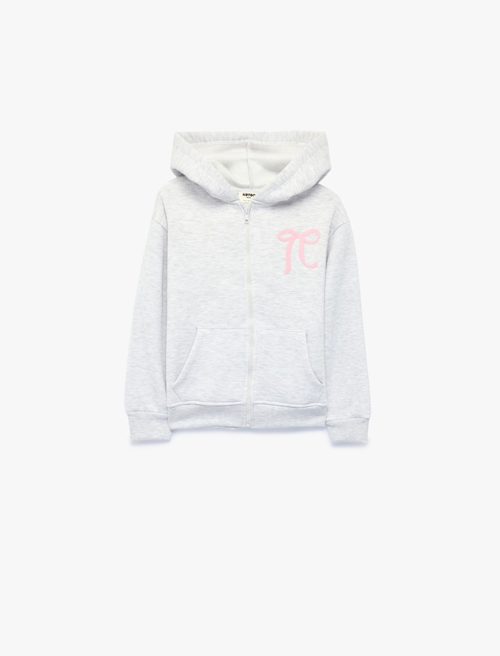 Kız Çocuk Şardonlu Cep Detaylı Baskılı Uzun Kollu Fermuarlı Kapşonlu Sweatshirt