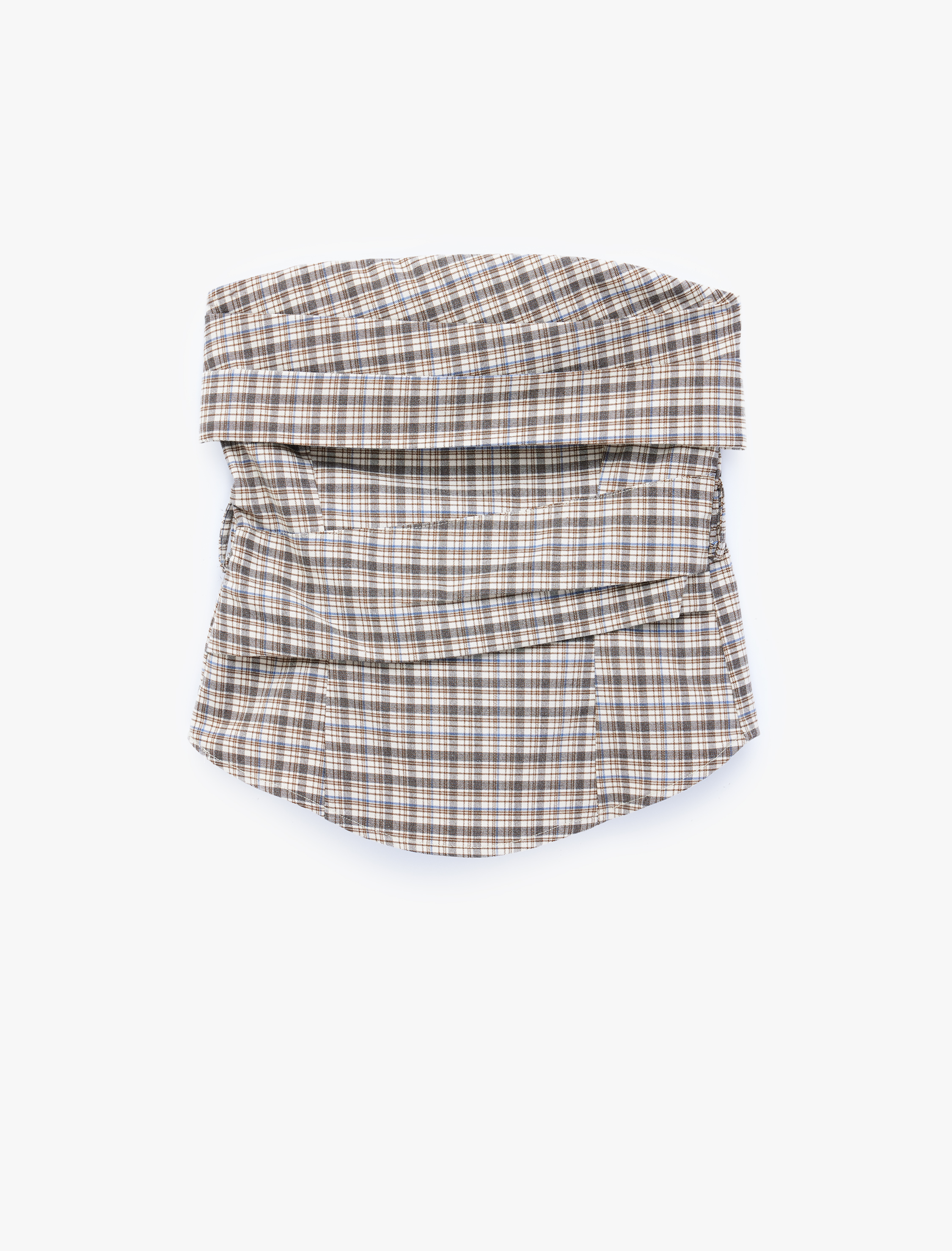   Arkası Gipeli Slim Fit Katmanlı Straplez Ekose Bluz
