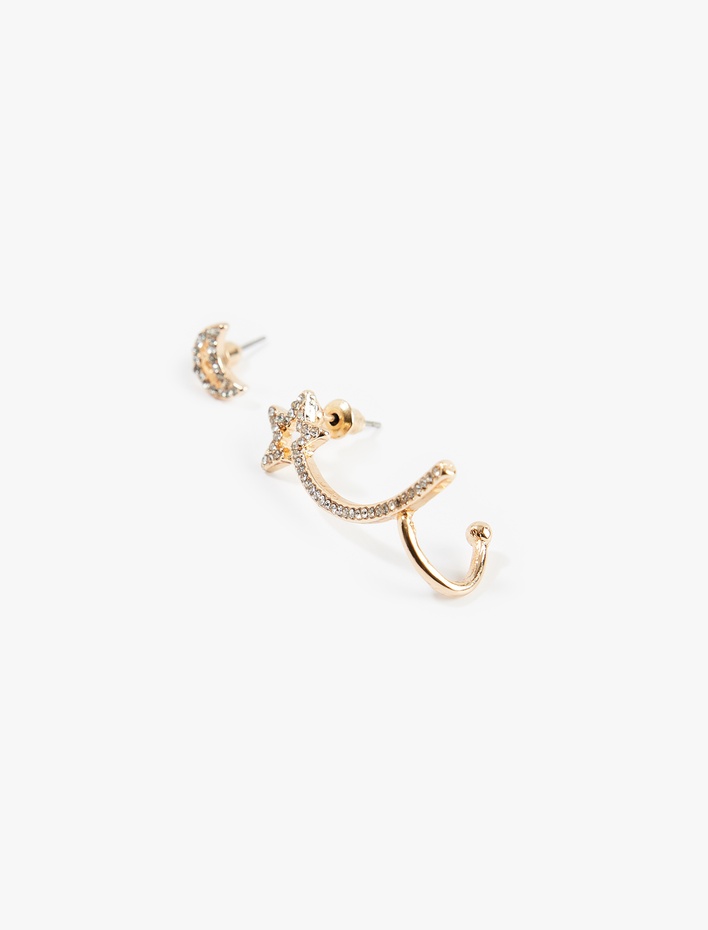 Kadın Yıldız ve Ay Şekilli Earcuff Küpe Seti Taşlı