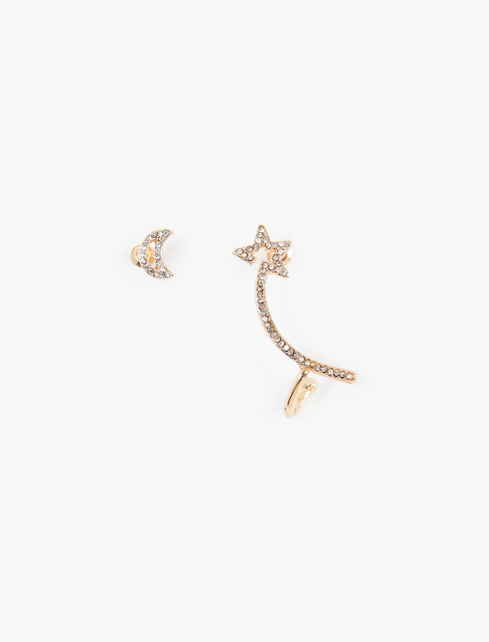 Kadın Yıldız ve Ay Şekilli Earcuff Küpe Seti Taşlı