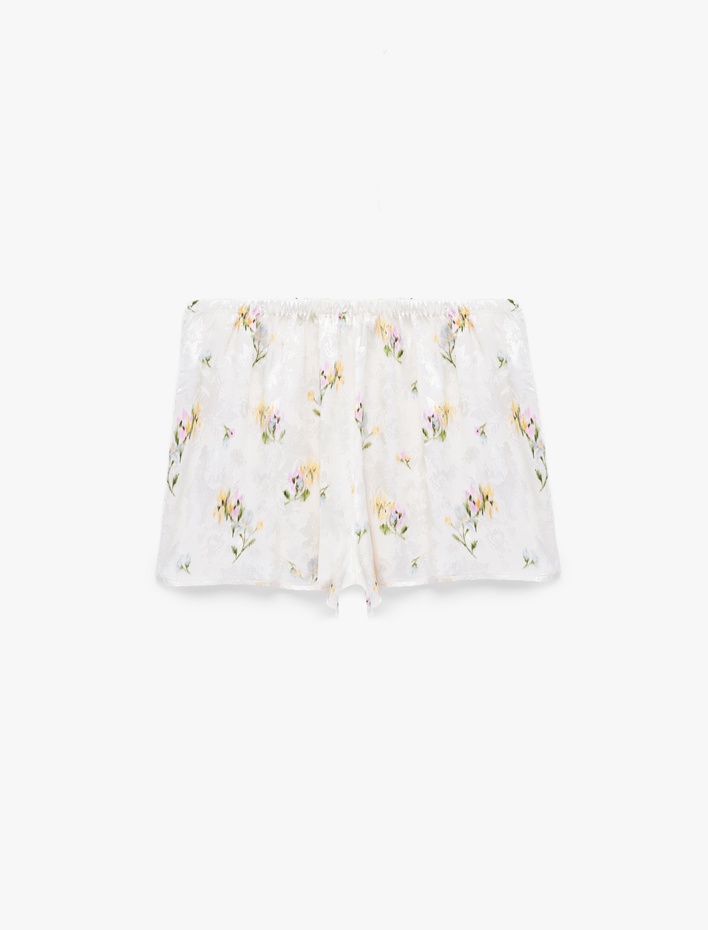  Rahat Kalıp Dantel Detaylı Viskon Kumaş Çiçekli Saten Şort Pijama Altı