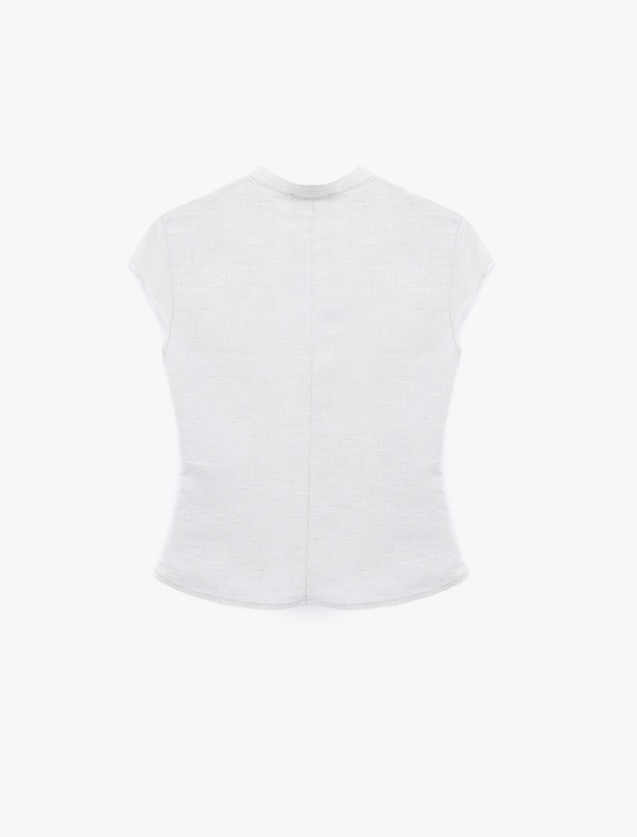  Damla Pencere Detaylı Mandarin Qipao Yaka Kısa Kollu Keten Bluz