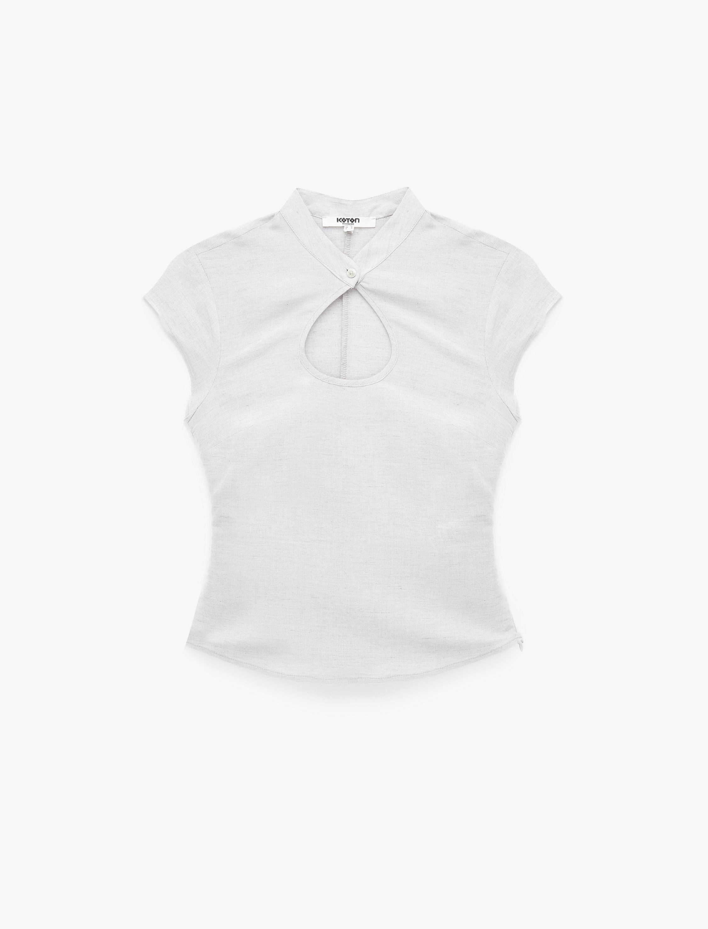   Damla Pencere Detaylı Mandarin Qipao Yaka Kısa Kollu Keten Bluz