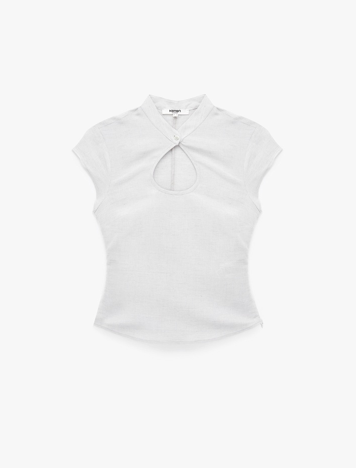  Damla Pencere Detaylı Mandarin Qipao Yaka Kısa Kollu Keten Bluz