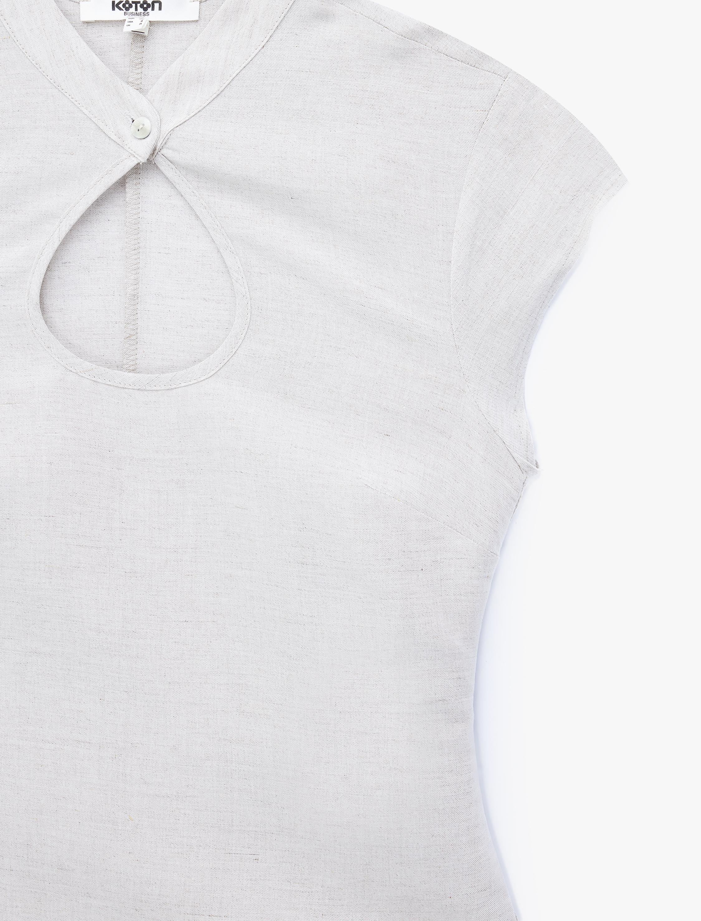   Damla Pencere Detaylı Mandarin Qipao Yaka Kısa Kollu Keten Bluz