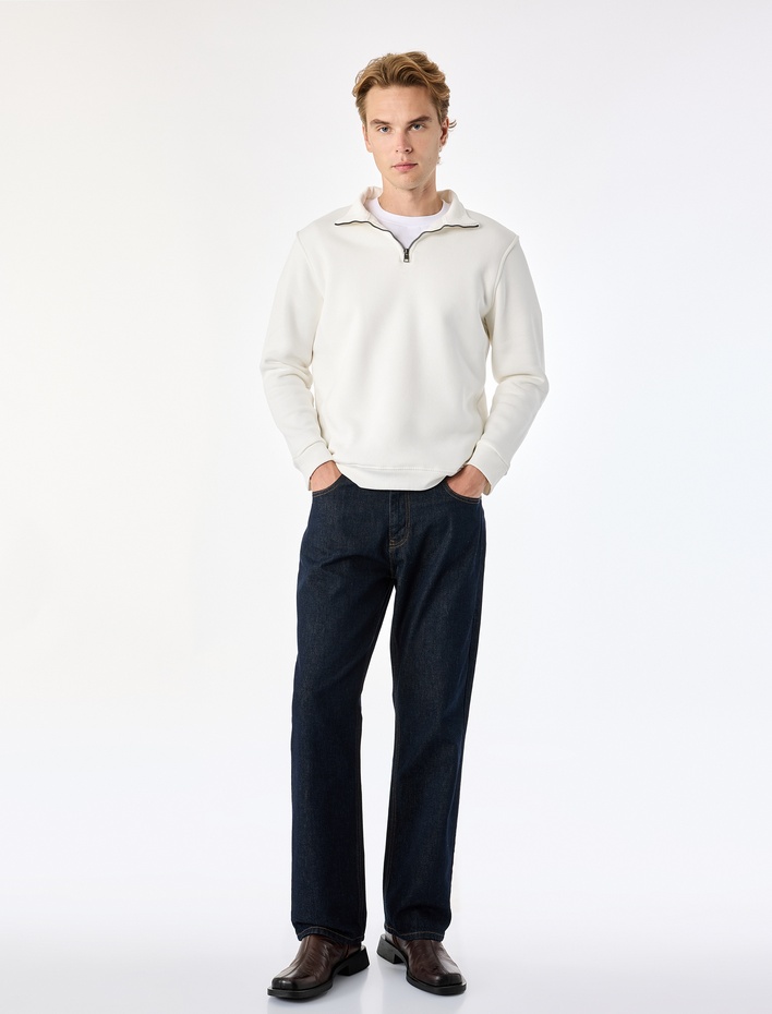  Şardonlu Regular Fit Uzun Kollu Fermuarlı Yaka Sweatshirt
