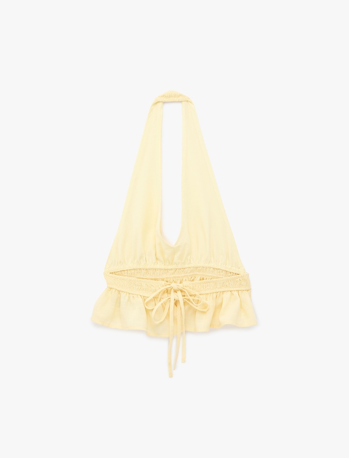  Rahat Kalıp Halter Yaka Kolsuz Fırfırlı Sırt Detaylı Crop Bluz