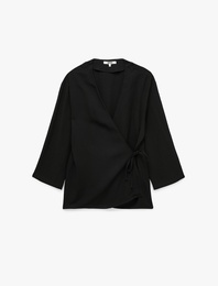 Keten Karışımlı Yandan Bağlama Detaylı Kruvaze Kimono