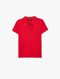 Kısa Kollu Bağlama Detaylı Dik Qipao Yaka Triko Kazak