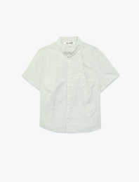 Regular Fit Pamuklu Asimetrik Düğme Detaylı Poplin Kısa Kollu Hakim Yaka Kareli Gömlek