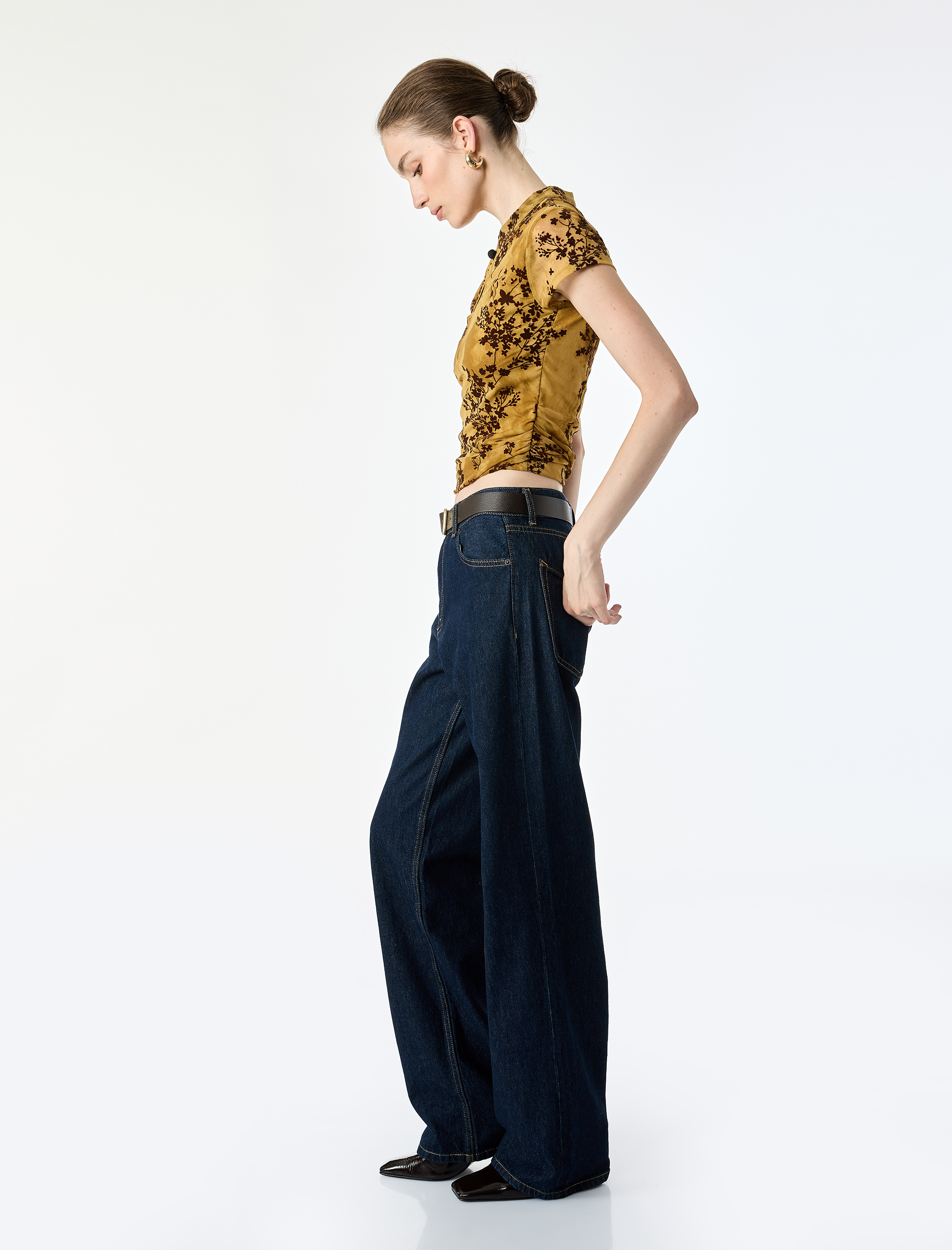   Slim Fit Kısa Kollu Düğmeli Dik Mandarin Yaka Çiçekli Qipao Tül Bluz