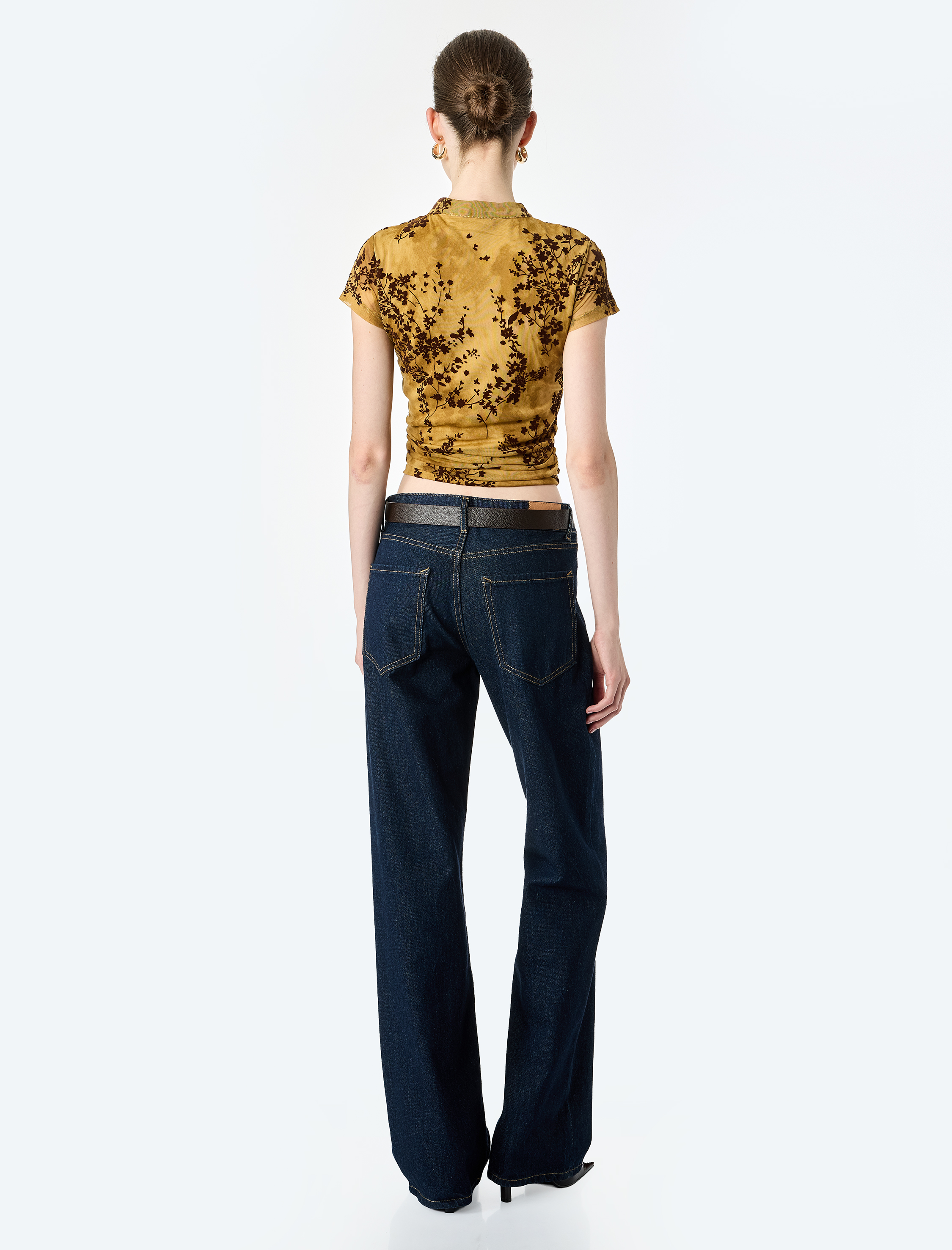   Slim Fit Kısa Kollu Düğmeli Dik Mandarin Yaka Çiçekli Qipao Tül Bluz