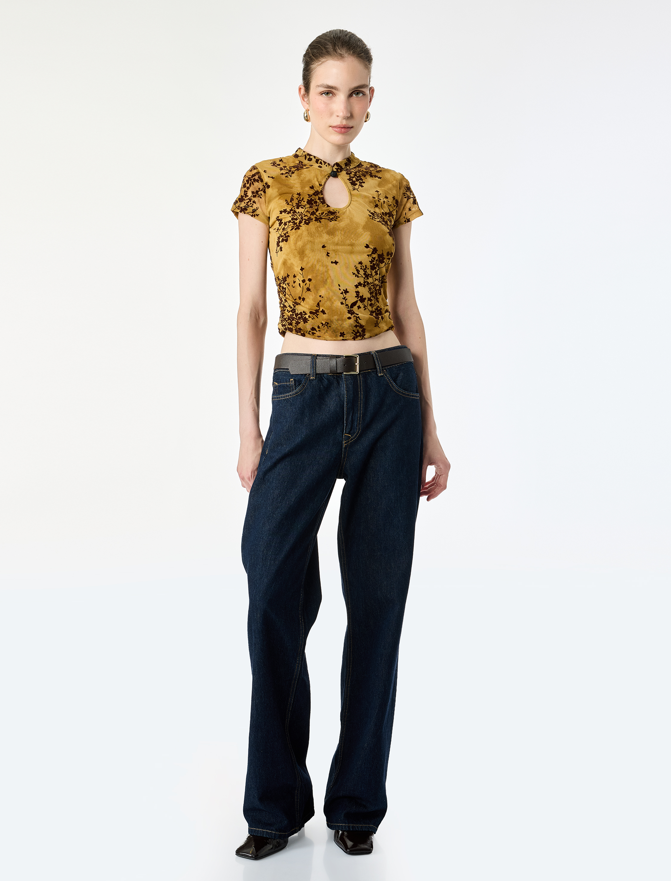   Slim Fit Kısa Kollu Düğmeli Dik Mandarin Yaka Çiçekli Qipao Tül Bluz