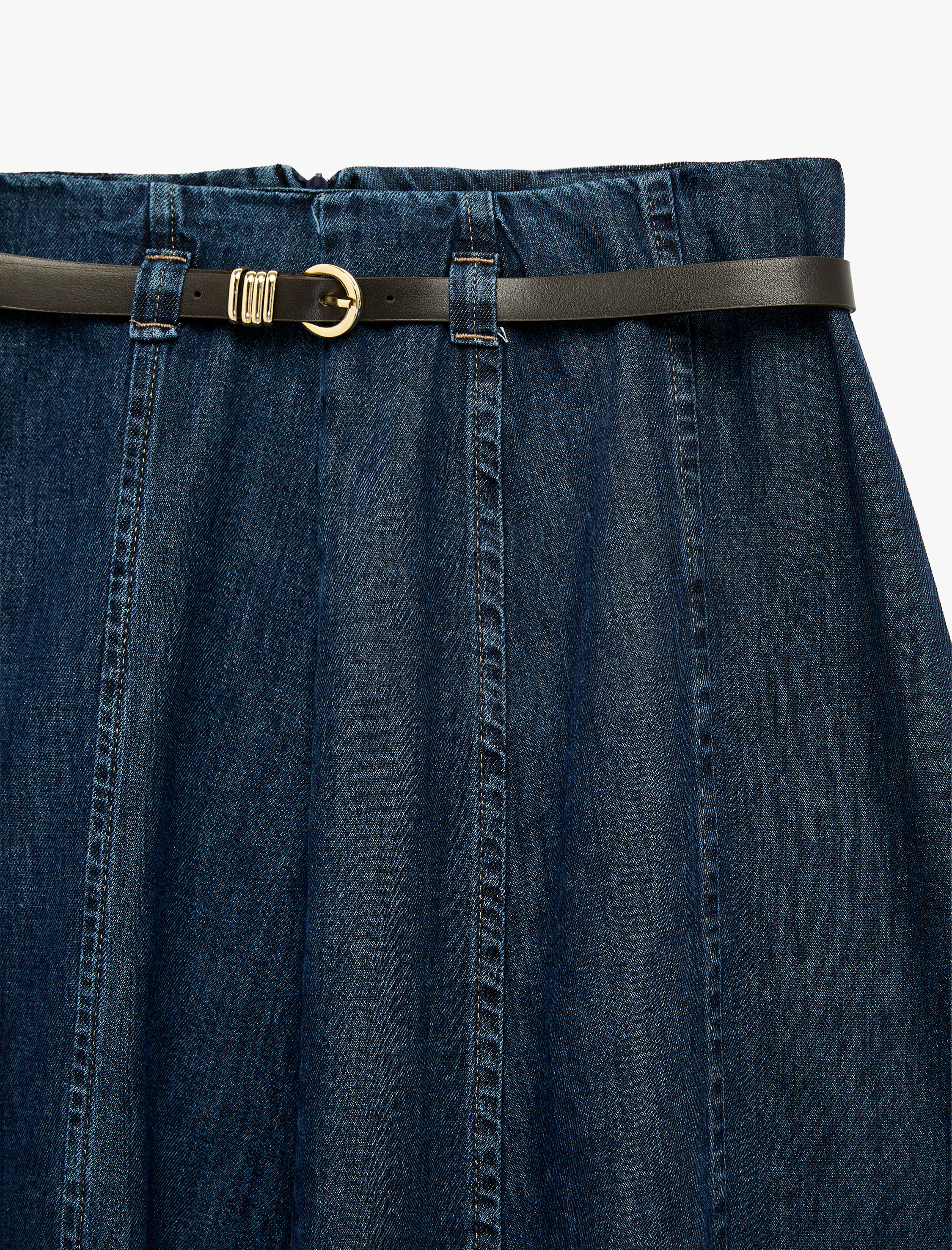   Kemerli Volanlı Normal Bel Rahat Kalıp Pamuklu Denim Midi Etek