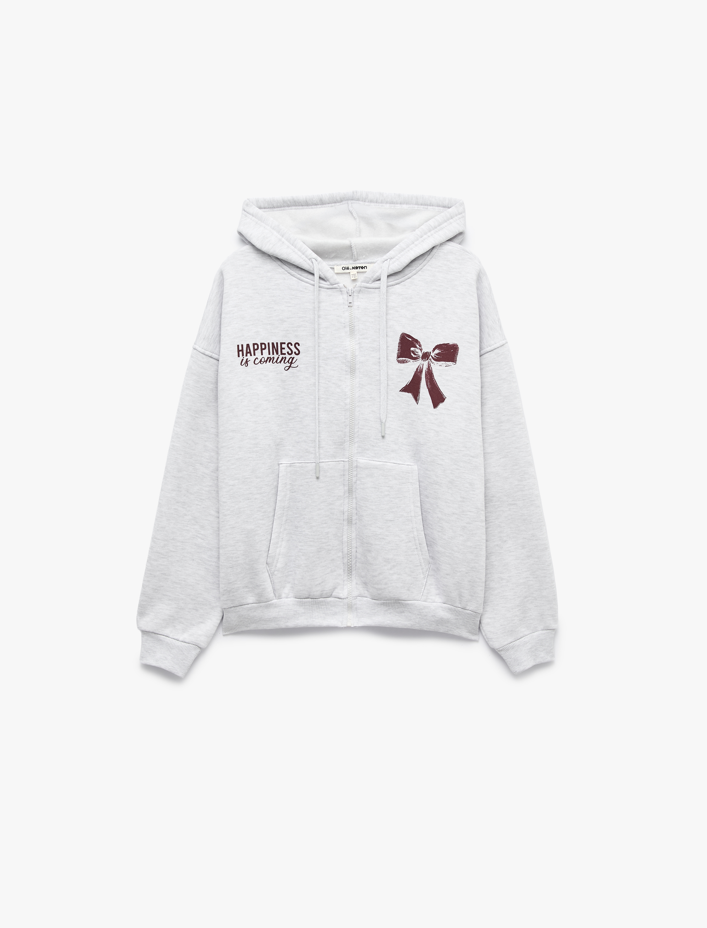   Şardonlu Rahat Kalıp Kanguru Cepli Kapüşonlu Fermuarlı Fiyonk Baskılı Sweatshirt