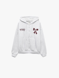 Şardonlu Rahat Kalıp Kanguru Cepli Kapüşonlu Fermuarlı Fiyonk Baskılı Sweatshirt