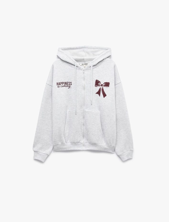  Şardonlu Rahat Kalıp Kanguru Cepli Kapüşonlu Fermuarlı Fiyonk Baskılı Sweatshirt