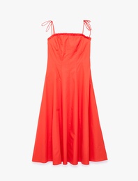 Slim Fit Pamuklu Bağlamalı Fırfırlı İp Askılı Midi Poplin Elbise
