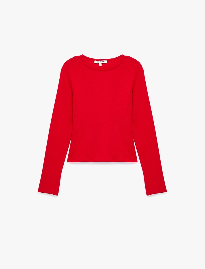  Pamuklu Slim Fit Korse Detaylı Kayık Yaka Uzun Kollu Tişört