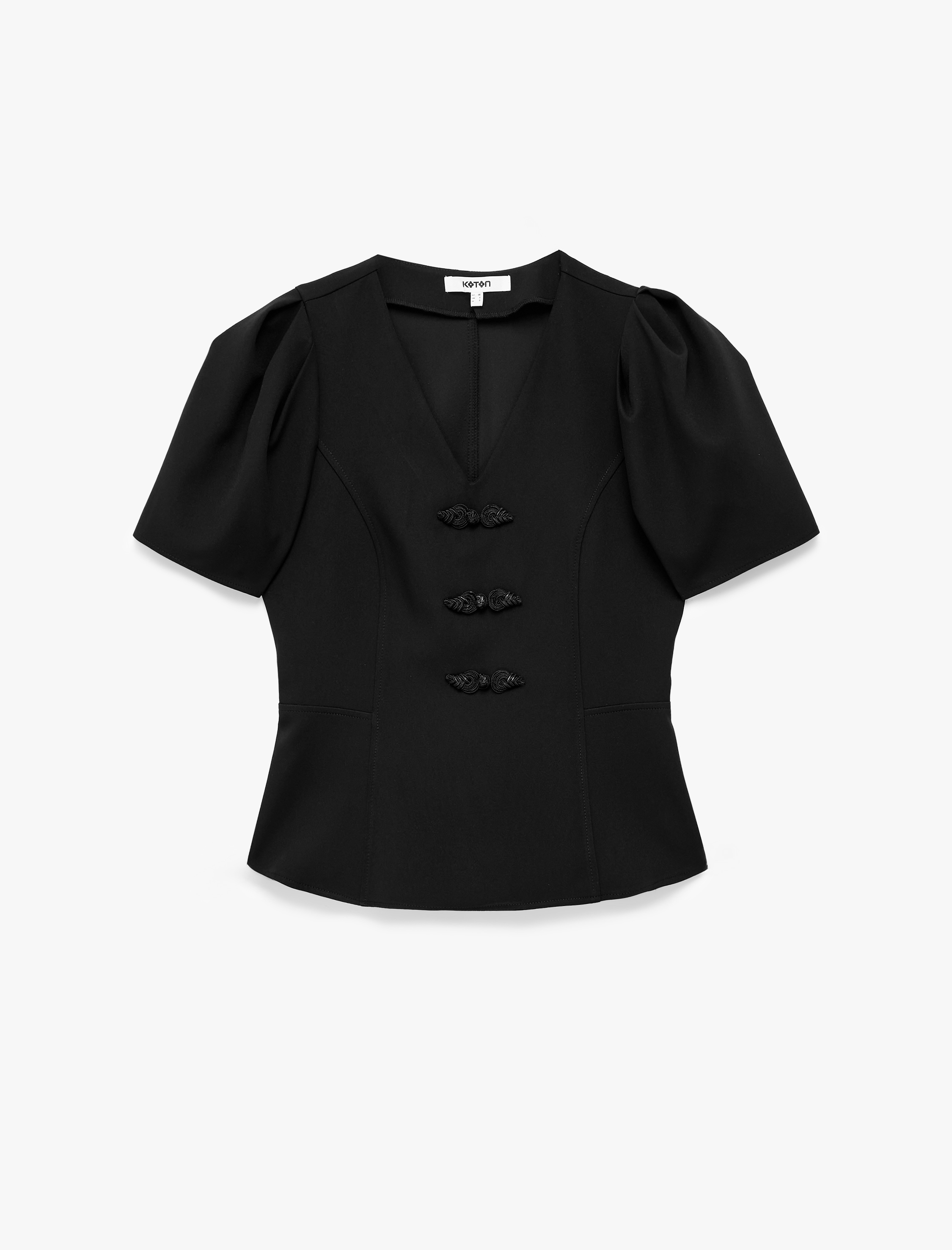   Slim Fit V Yaka Balon Kollu Süs Düğme Detaylı Peplum Bluz