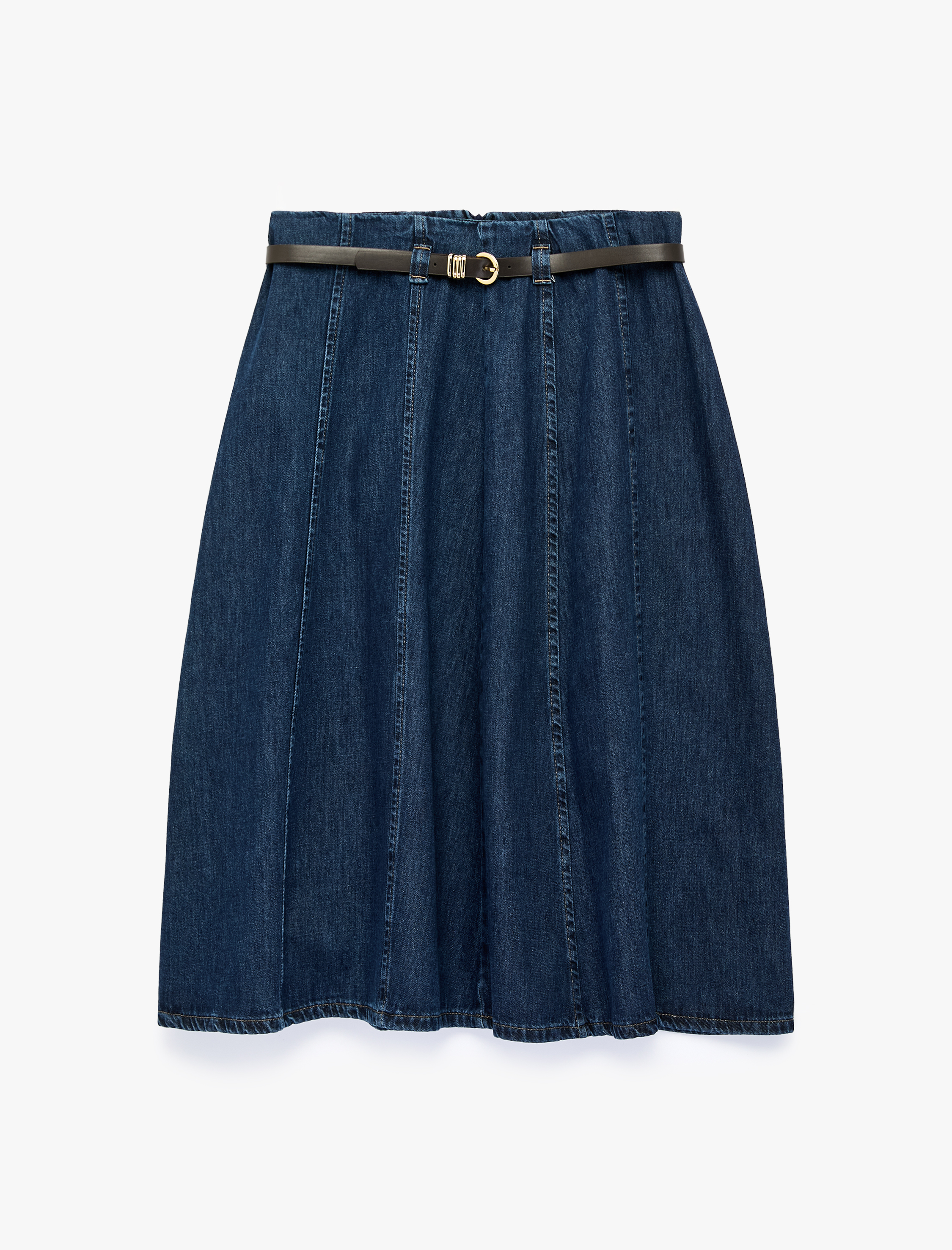   Kemerli Volanlı Normal Bel Rahat Kalıp Pamuklu Denim Midi Etek
