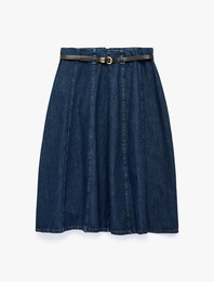 Kemerli Volanlı Normal Bel Rahat Kalıp Pamuklu Denim Midi Etek
