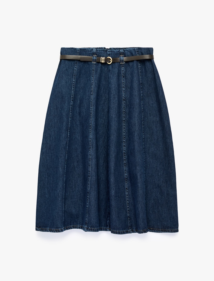  Kemerli Volanlı Normal Bel Rahat Kalıp Pamuklu Denim Midi Etek