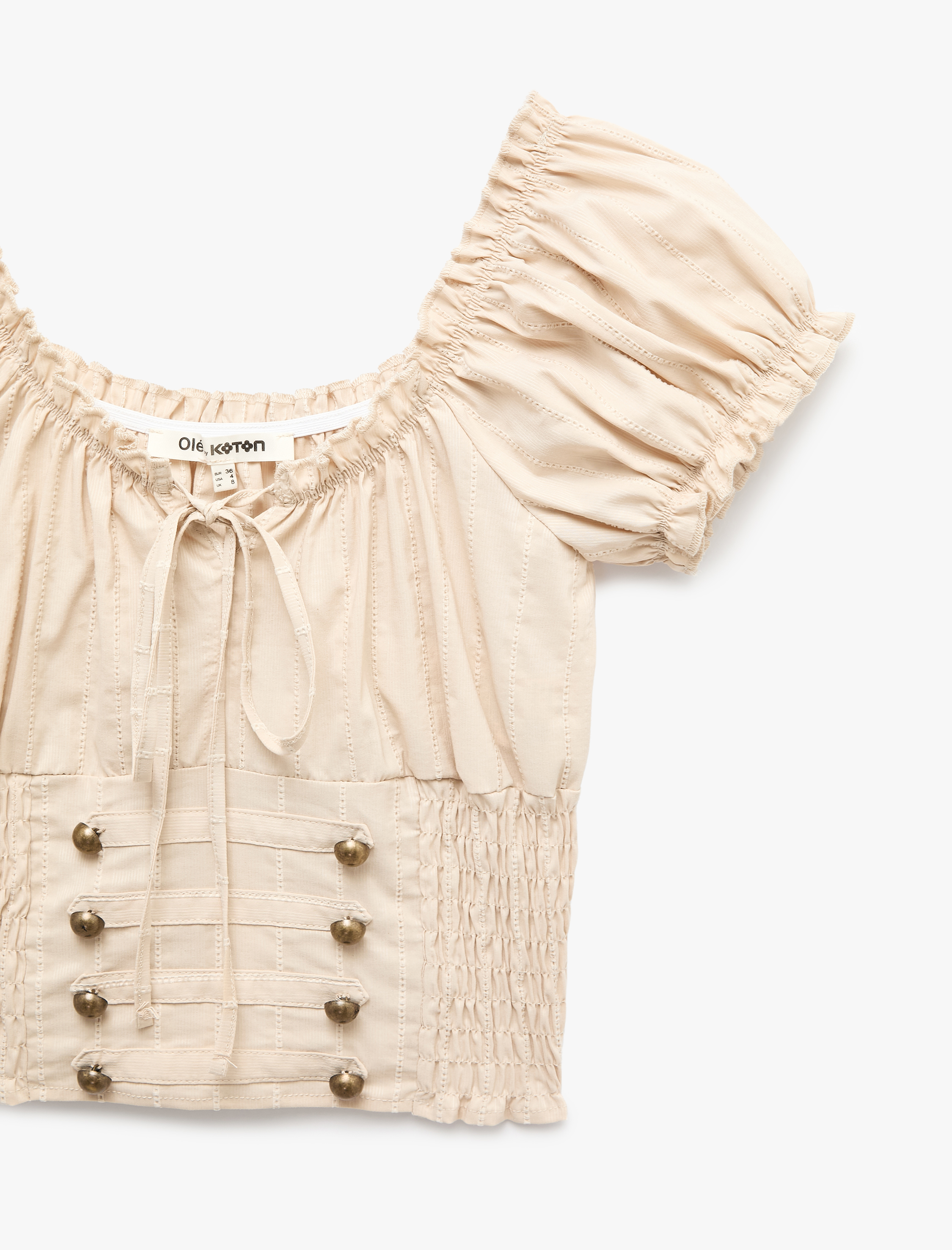  Gipeli Düğme Detaylı Slim Fit Kayık Yaka Balon Kollu Poplin Crop Bluz