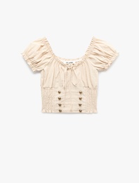 Gipeli Düğme Detaylı Slim Fit Kayık Yaka Balon Kollu Poplin Crop Bluz