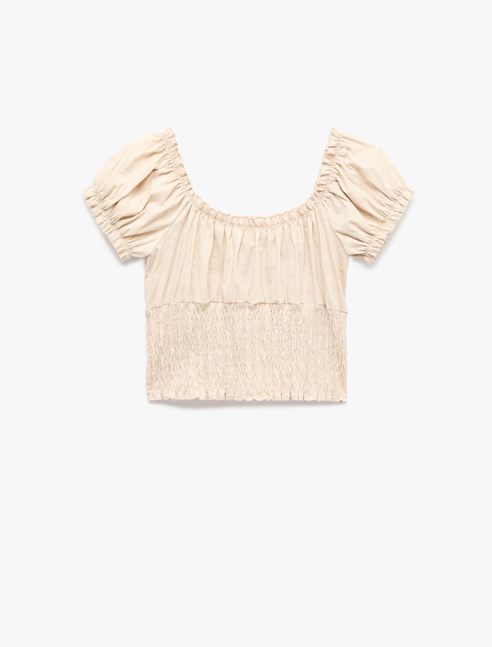  Gipeli Düğme Detaylı Slim Fit Kayık Yaka Balon Kollu Poplin Crop Bluz