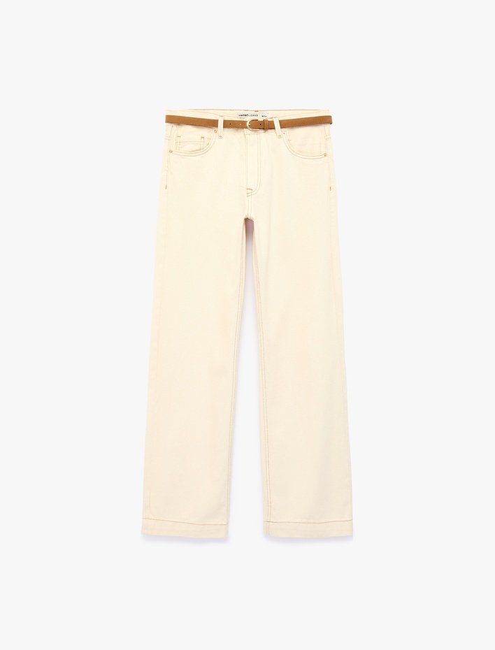  Pamuklu Kemerli Cepli Normal Bel Uzun Düz Paça Pantolon - Straight Fit Jean