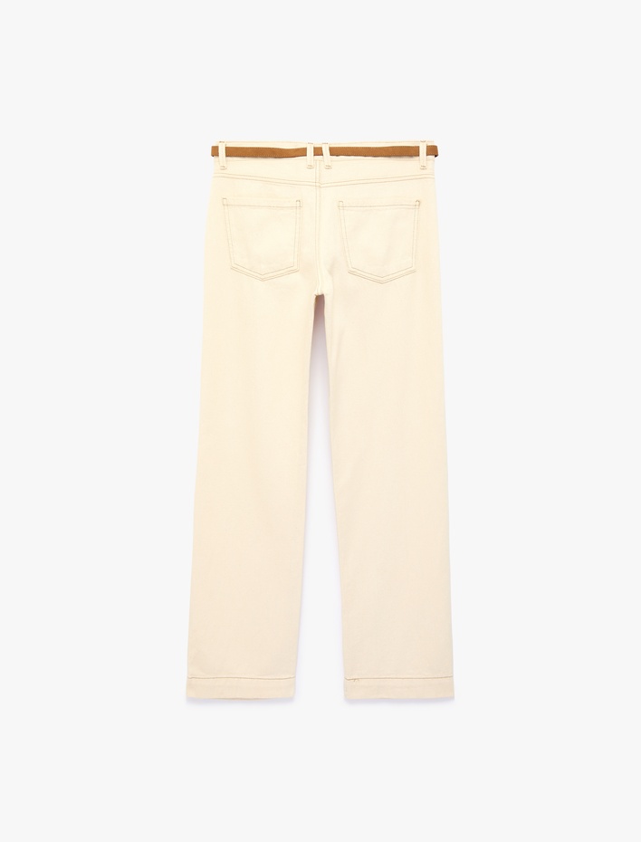  Pamuklu Kemerli Cepli Normal Bel Uzun Düz Paça Pantolon - Straight Fit Jean