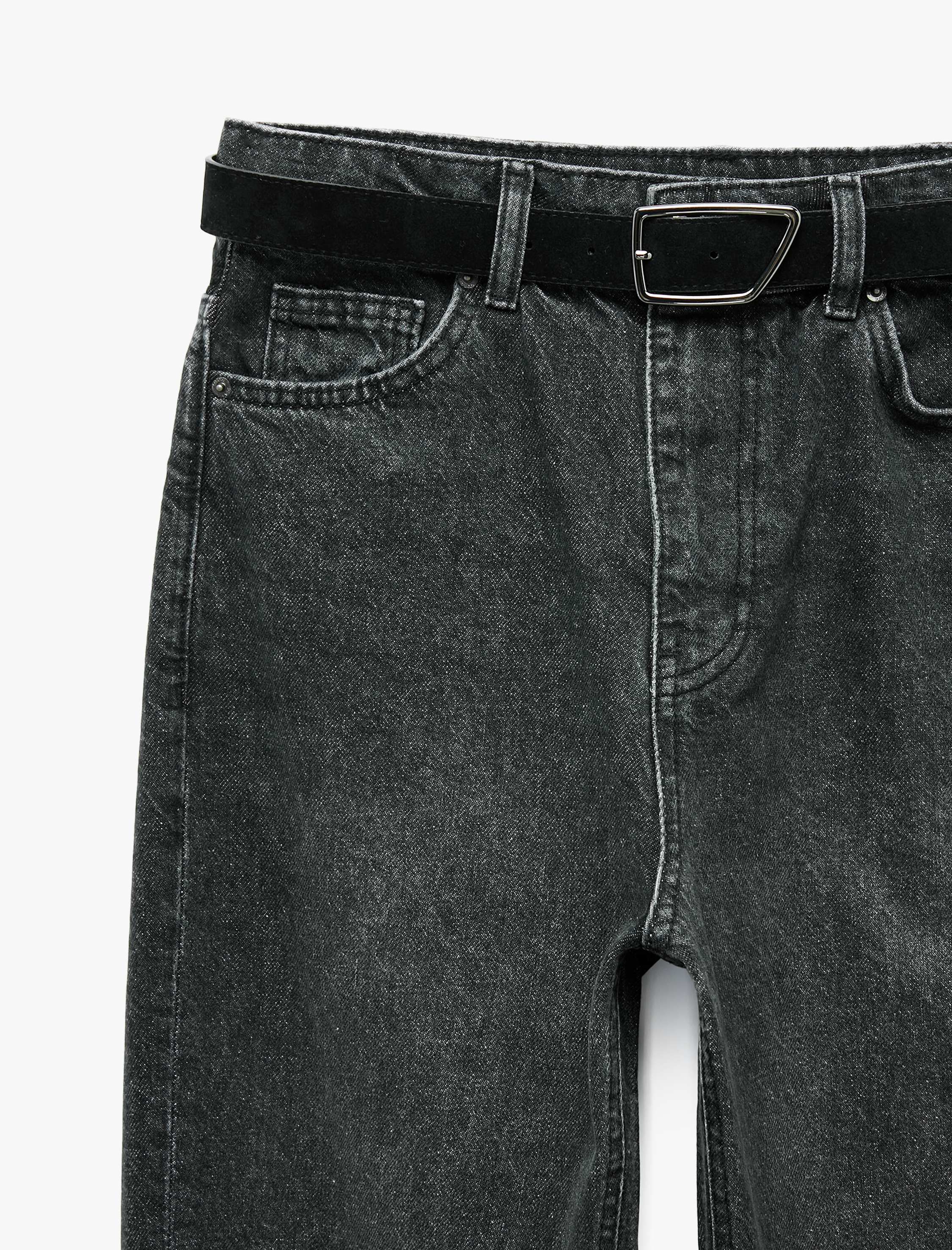   Kemerli Yüksek Bel Dar Kalıp Düz Paça Pamuklu Denim Pantolon - Mom Slim Jean
