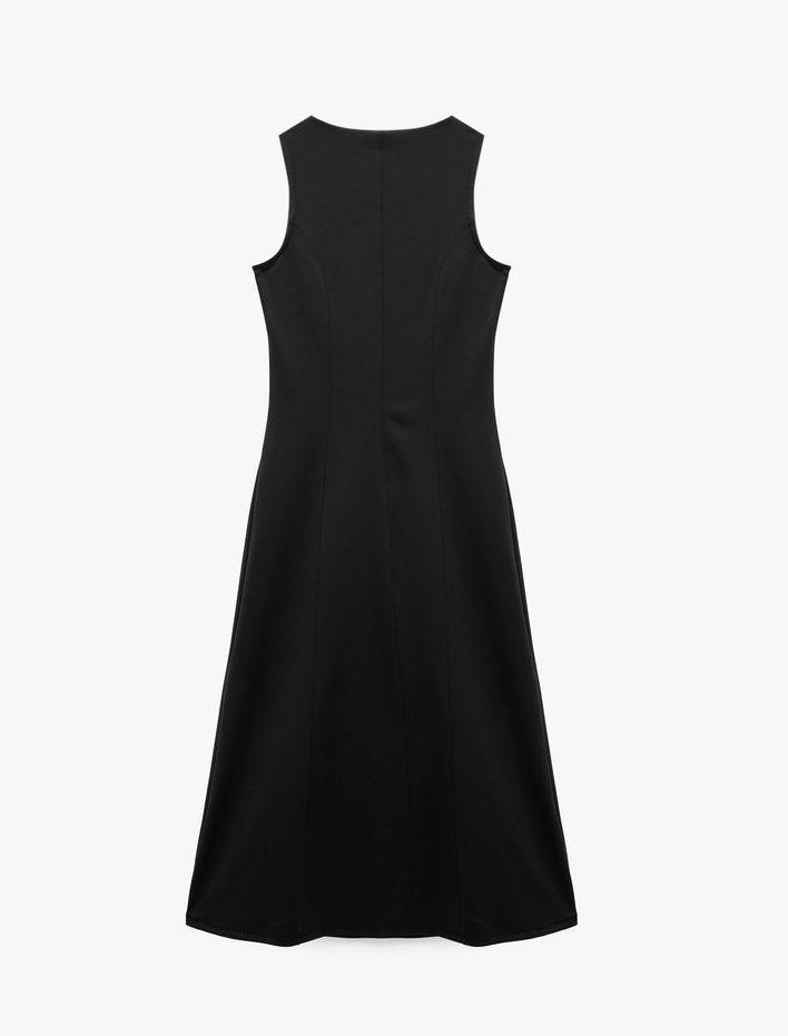  Dikiş Detaylı Slim Fit Bisiklet Yaka Kolsuz Midi Elbise