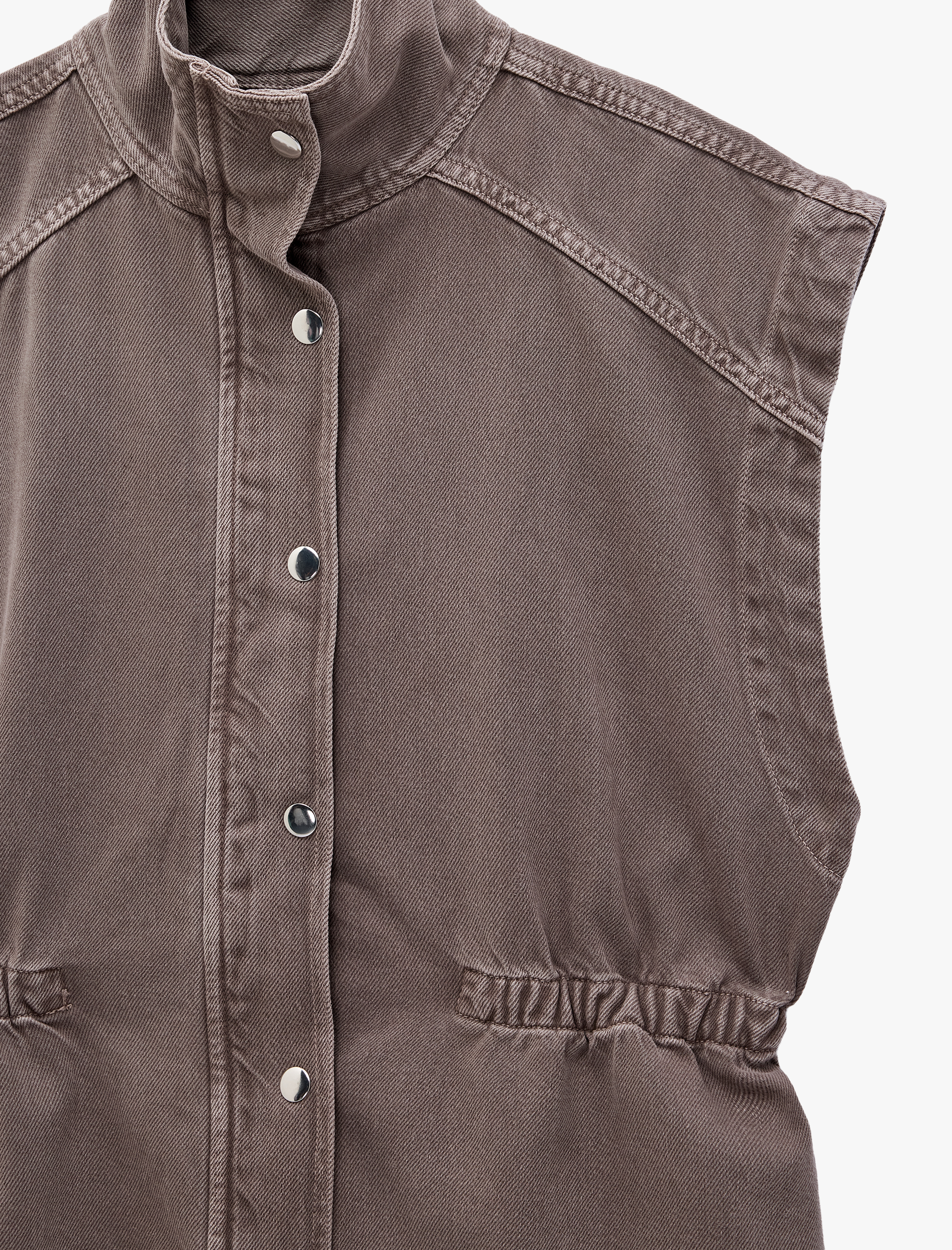   Büzgü Detaylı Pamuklu Çıt Çıt Düğmeli Dik Yaka Kolsuz Denim Yelek