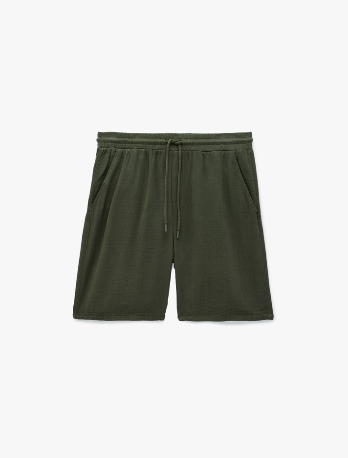  Beli Bağcıklı Cepli Regular Fit Pamuklu Müslin Bermuda Şort