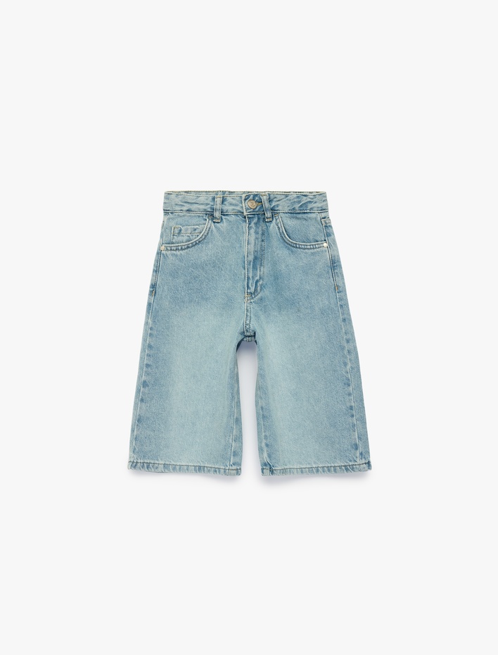 Kız Çocuk Cep Detaylı Bol Kesim Pamuklu Denim Bermuda Şort