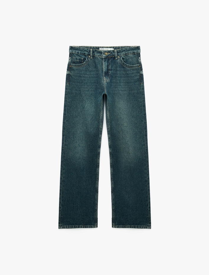  Normal Bel Cepli Pamuklu Düz Paça Denim Pantolon - Straight Fit Jean