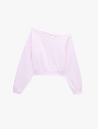 Uzun Kollu Üç İplik Asimetrik Kayık Yaka Omzu Açık Sweatshirt